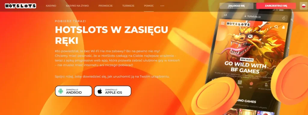 Oficjalna strona HotSlots z instrukcją instalacji PWA na telefonie