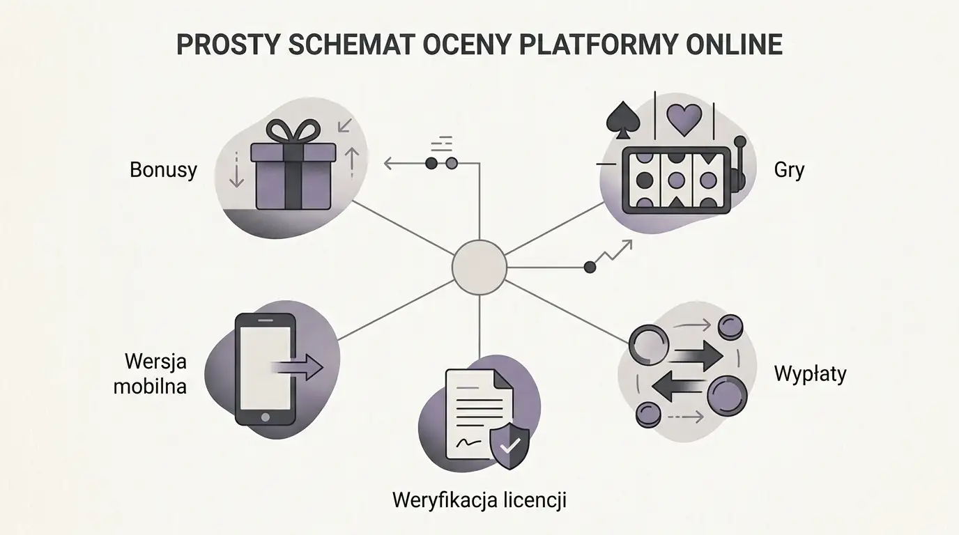 Schemat oceny kasyna według bonusu, gier, wypłat, mobile i licencji