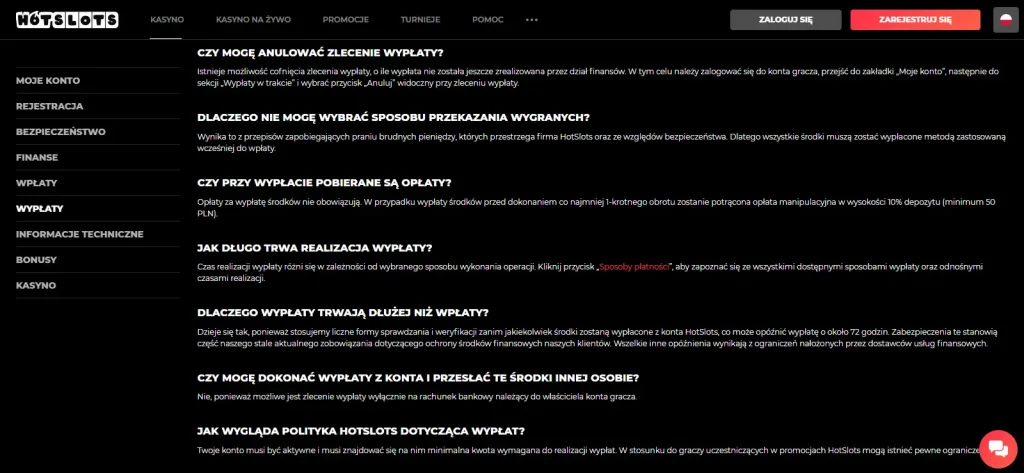 Zrzut oficjalnego FAQ HotSlots o wypłatach
