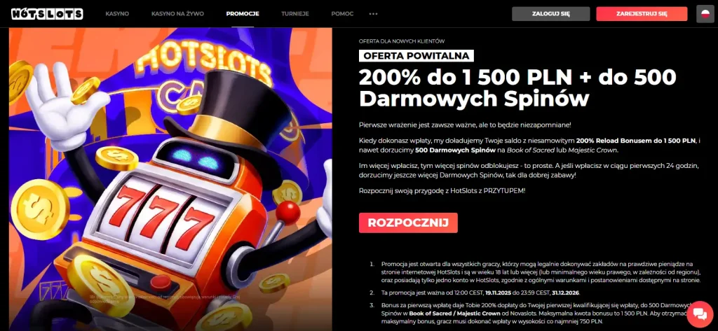 Zrzut oficjalnego polskiego regulaminu bonusu powitalnego HotSlots